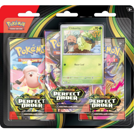 PKM Mega Evolution Perfect Order 3 Pack Blister Chikorita Pré-Order